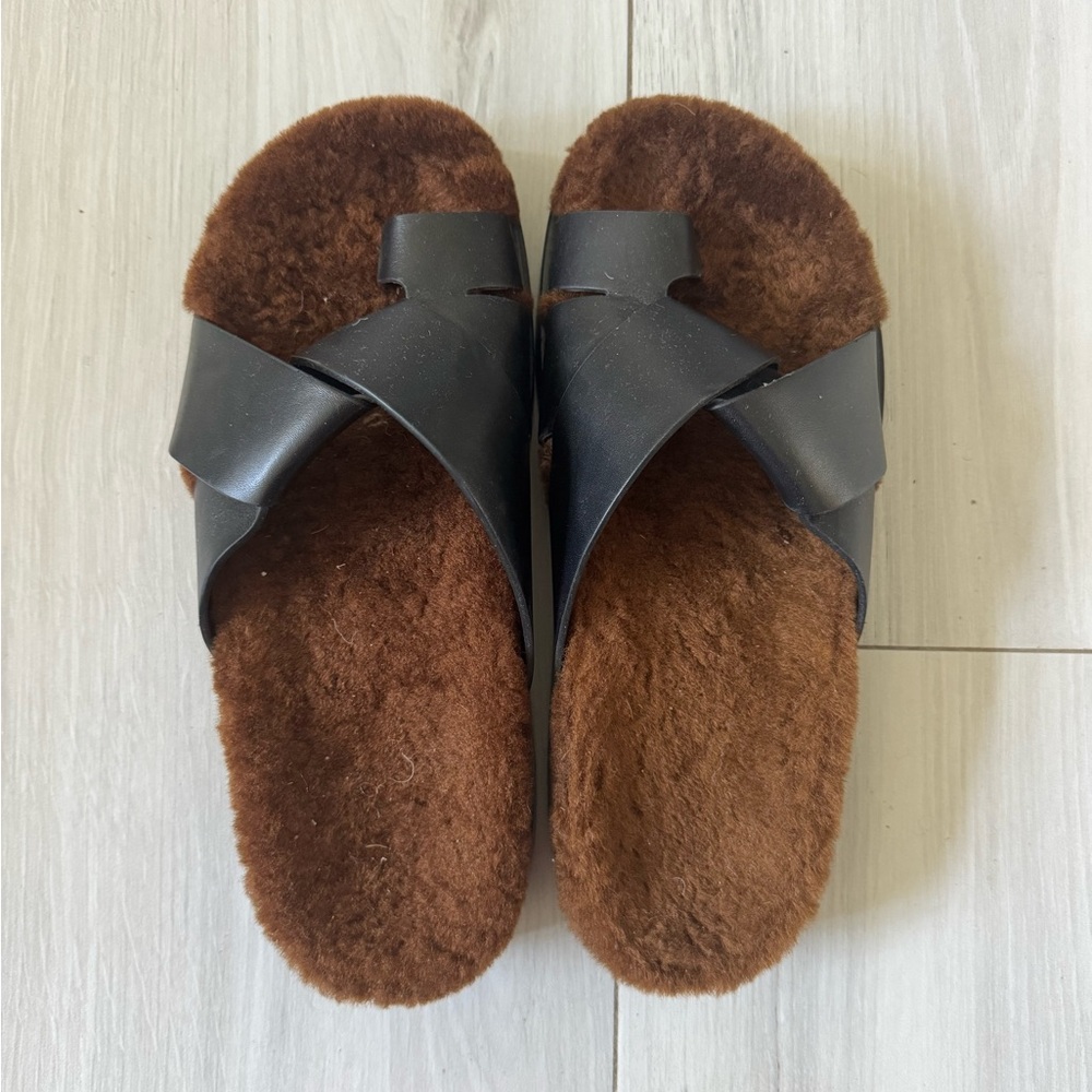 Brown and Black Fuzzy Slide Sandals